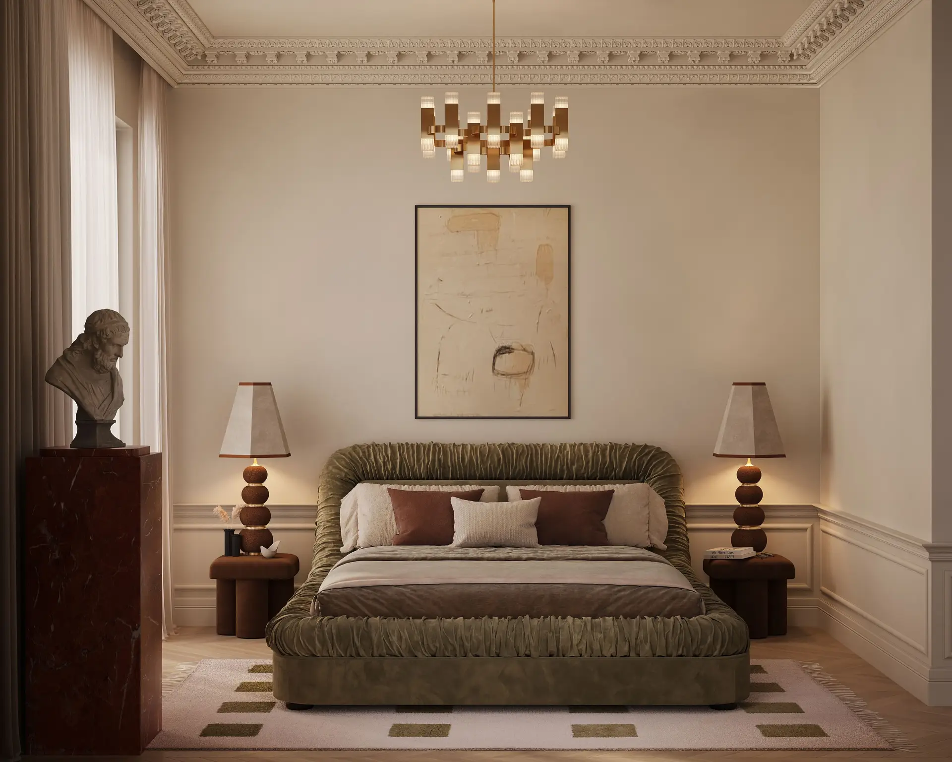 Belvárosi penthouse elegáns hálószobája texturált falakkal